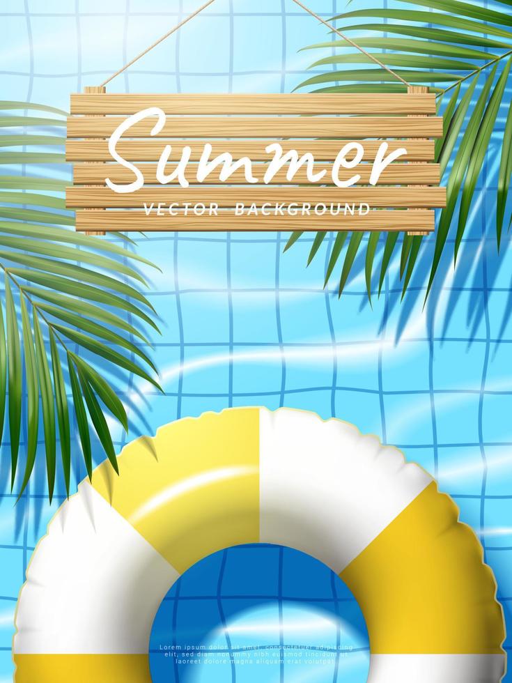 Vacation concept. swimming ring with coconut leaves and wooden sign on the pool. Vector illustration