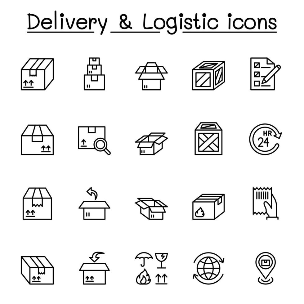 icono de entrega y logística establecido en estilo de línea delgada vector