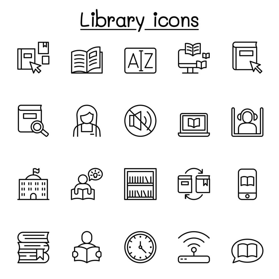 Library icon set in thin line style for website, application, printing, poster, document, card etc. vector