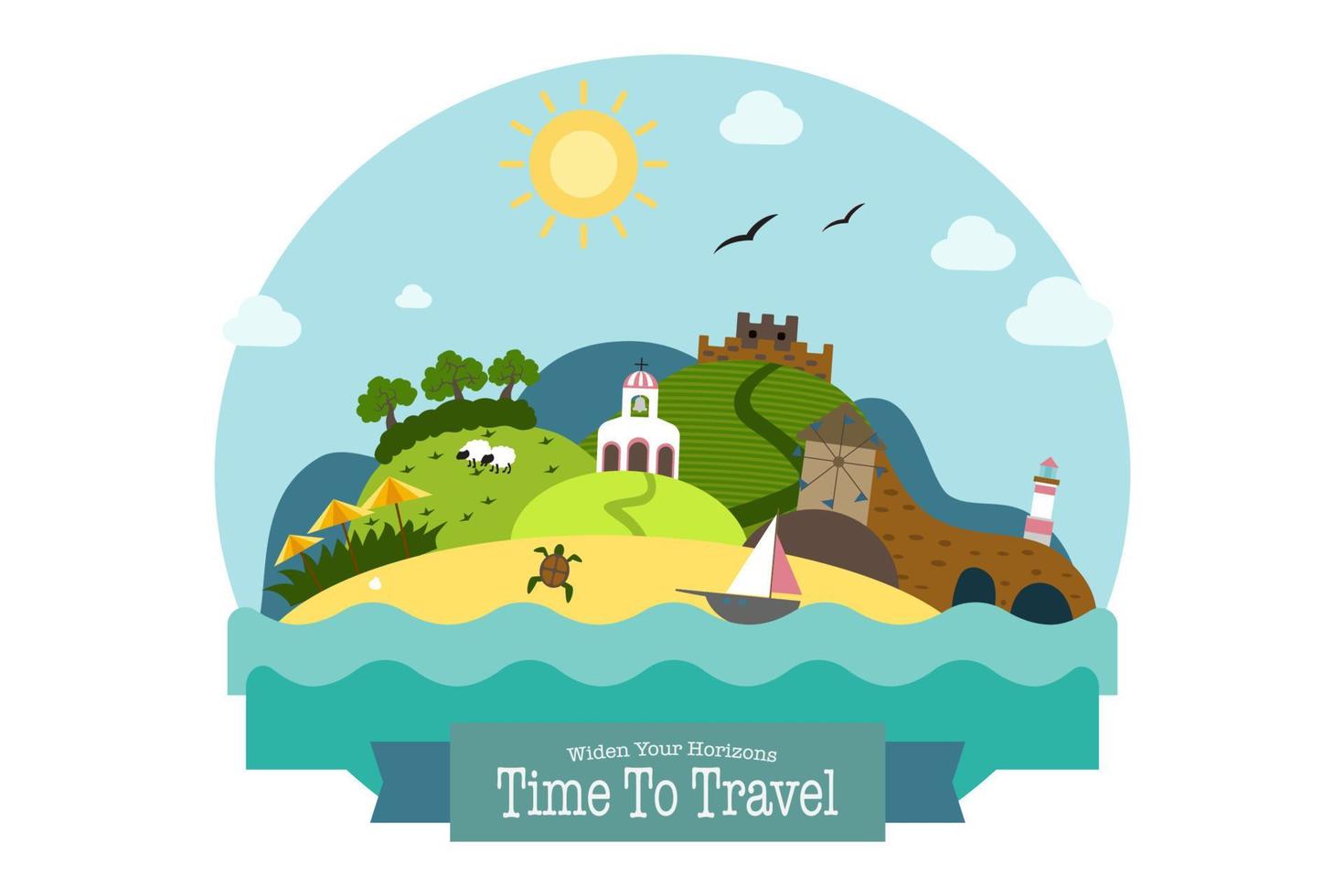 Landscape with Beach, Hills, Church, Mill, Fortress and Lighthouse vector