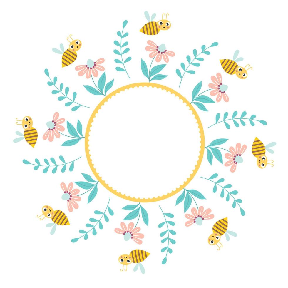 Floral card, round frame with cute bee, flower and plants. Vector illustration for print, napkins, round cards, decor and design.