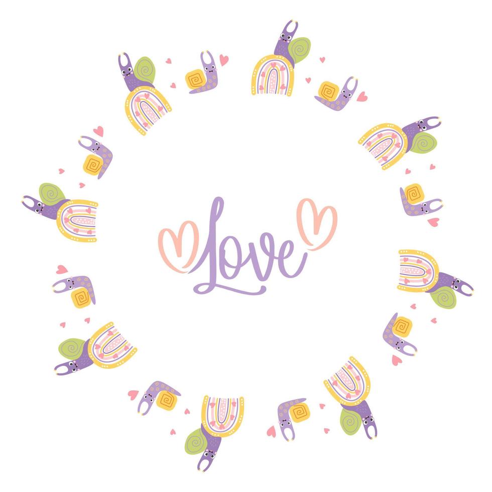 Round frame with cute snails in love on rainbow and with heart and word - Love. Vector illustration. Valentine card, napkin, round postcard, for print, decor and design.