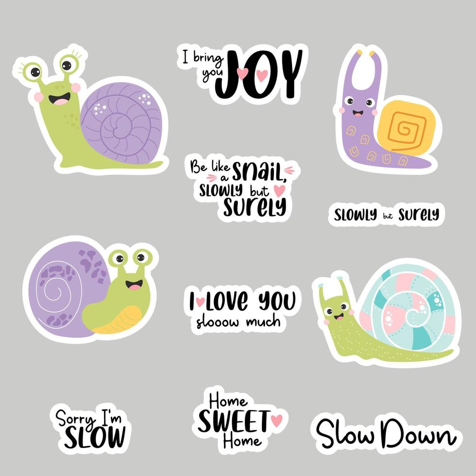 Set of stickers with cute snails and funny phrases about love and slow insect molluscs. Vector illustration. Isolated elements for design, decor, print and decoration.