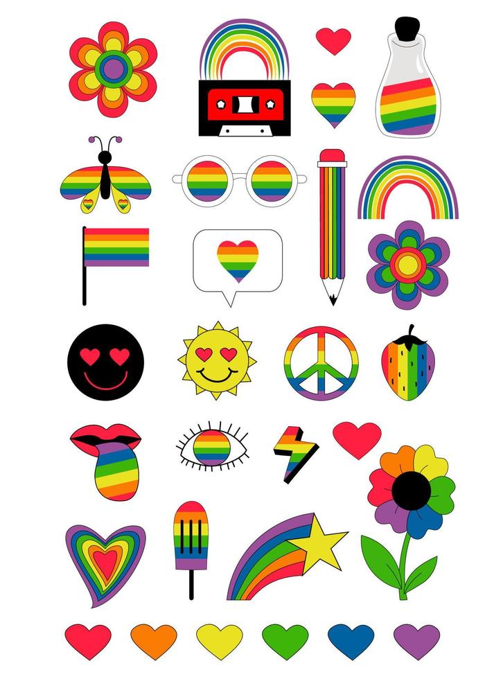Big set LGBTQ community symbols. LGBT Pride Month vector icons with pride flags, retro rainbow elements, heart, glasses and reconciliation symbol, romantic love element. Gay Pride groovy celebration