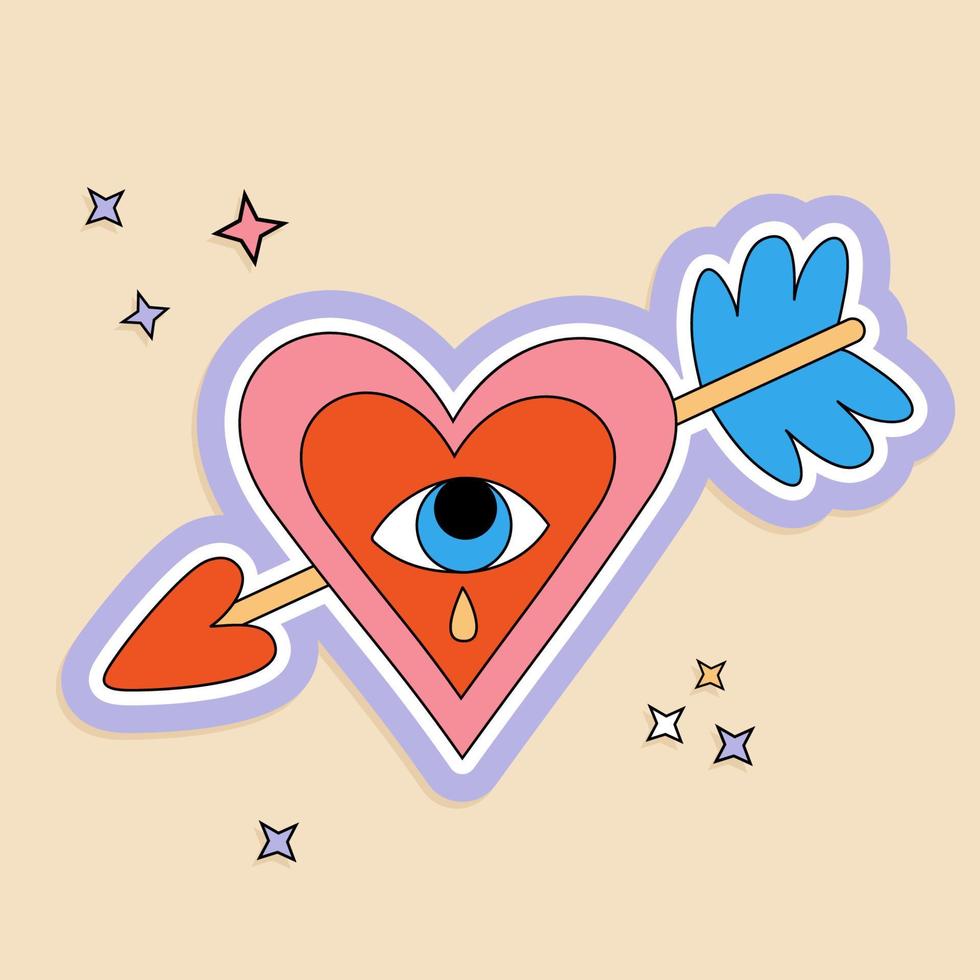 70s style retro poster. Psychedelic drawing of heart with arrow. Retro groovy graphic element. Cartoon funky sticker. Vector illustration. Nostalgia for 1970s -1980s.