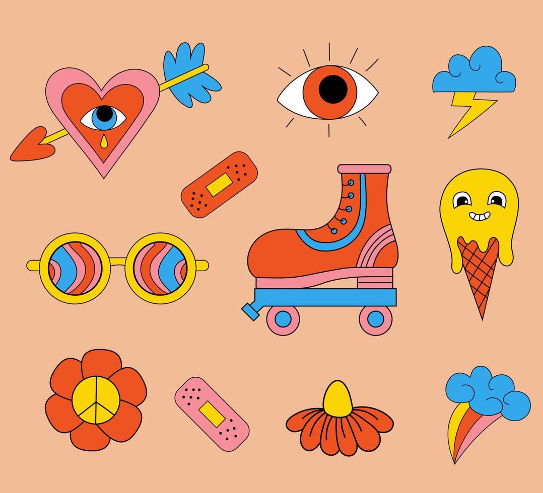 Retro 70s vibe, hippie stickers, psychedelic groovy elements. Cartoon funky flowers and mushrooms, old fashioned roller skate, rainbow, vintage hippy style element. Vector Isolated positive symbols.