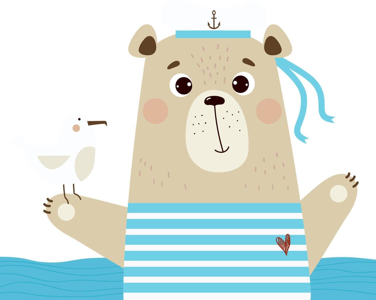 Cute bear sailor and seagull . illustration vector