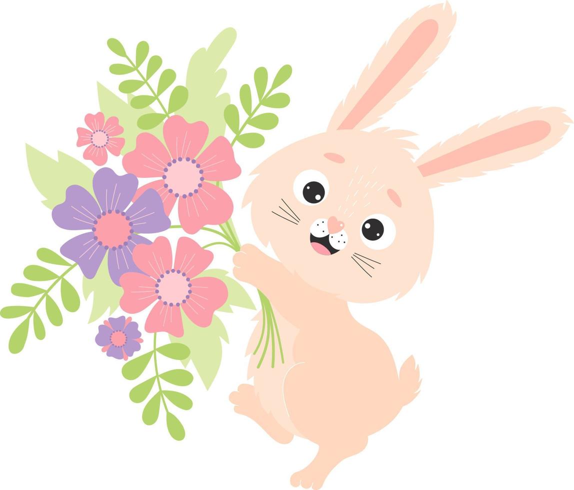 Cute rabbit with bouquet of flowers vector