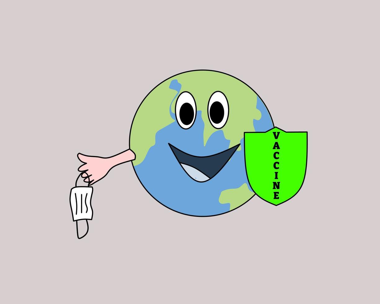 earth with vaccine shield and taking off medical mask vector