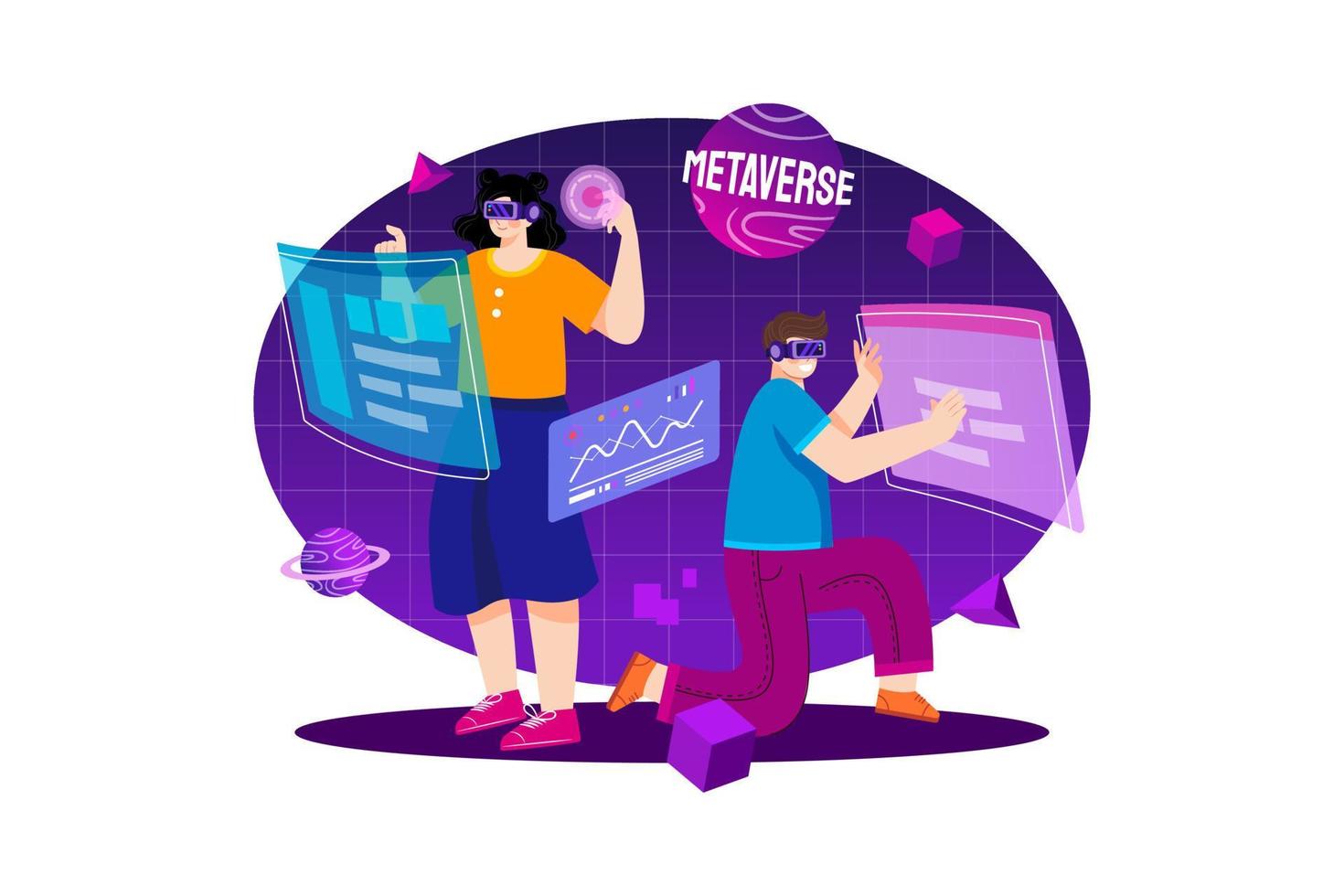 People experiencing metaverse ecosystem vector