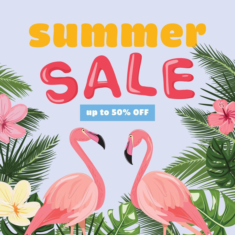 Summer sale banner with pink flamingos in the tropical nature. For backgrounds, advertisements, banners, cards, vouchers. vector