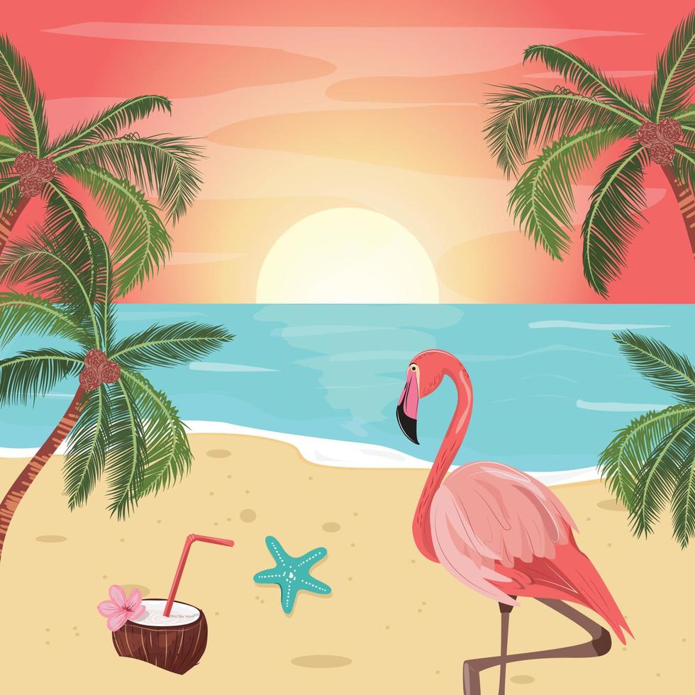 Beautiful sunset illustration with beach, palm trees, flamingo, coconut cocktail and starfish. Summer tropical sunset for cards, banners, backgrounds. Travel, vacation concept illustration. vector