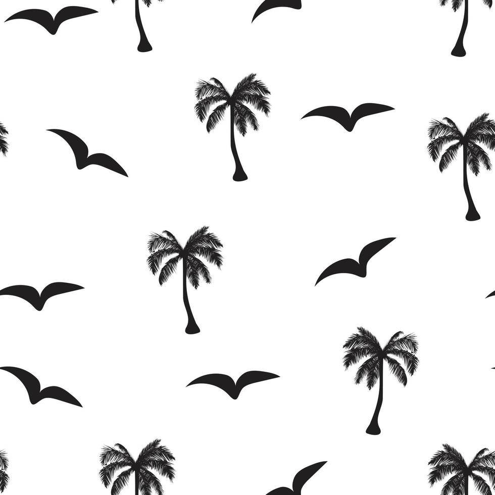 Tropical seamless pattern with palm trees silhouette and birds. vector