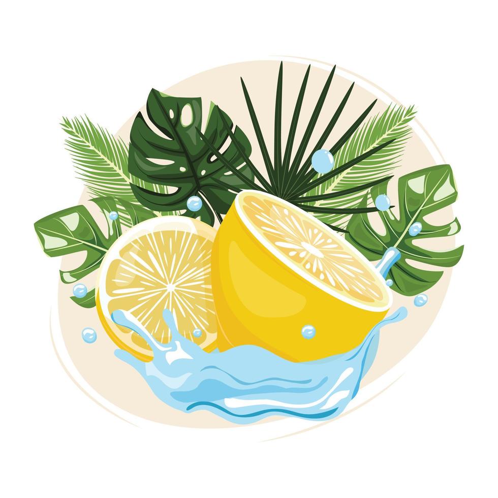 Tropical illustration with lemon in the fresh water splashing. Fruit illustration vector