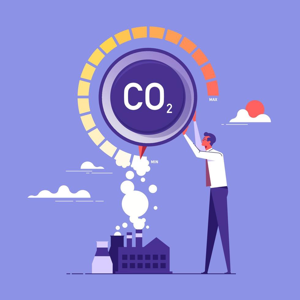 concepto de control de emisiones de dióxido de carbono. reducir el nivel de co2. empresario girando un botón de mando de dióxido de carbono a la posición mínima. concepto de reducción o eliminación de co2. ilustración vectorial vector