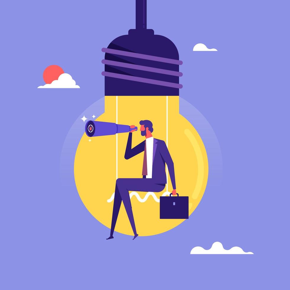 Search and brainstorm concept, creativity and imagination to create, inspiration for new idea, motivated man sitting on swing inside light bulb idea using telescope search new idea vector