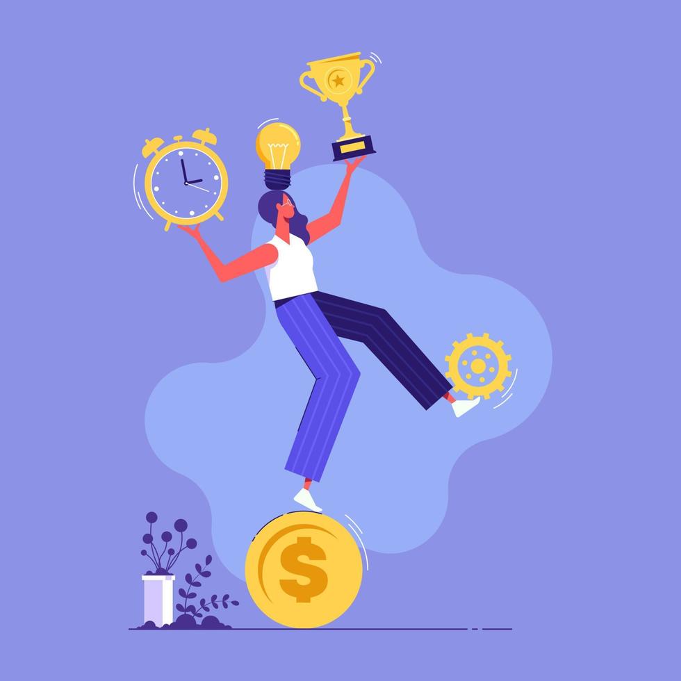 Businesswoman balancing some business action icons as business strategy. Business concept vector illustration