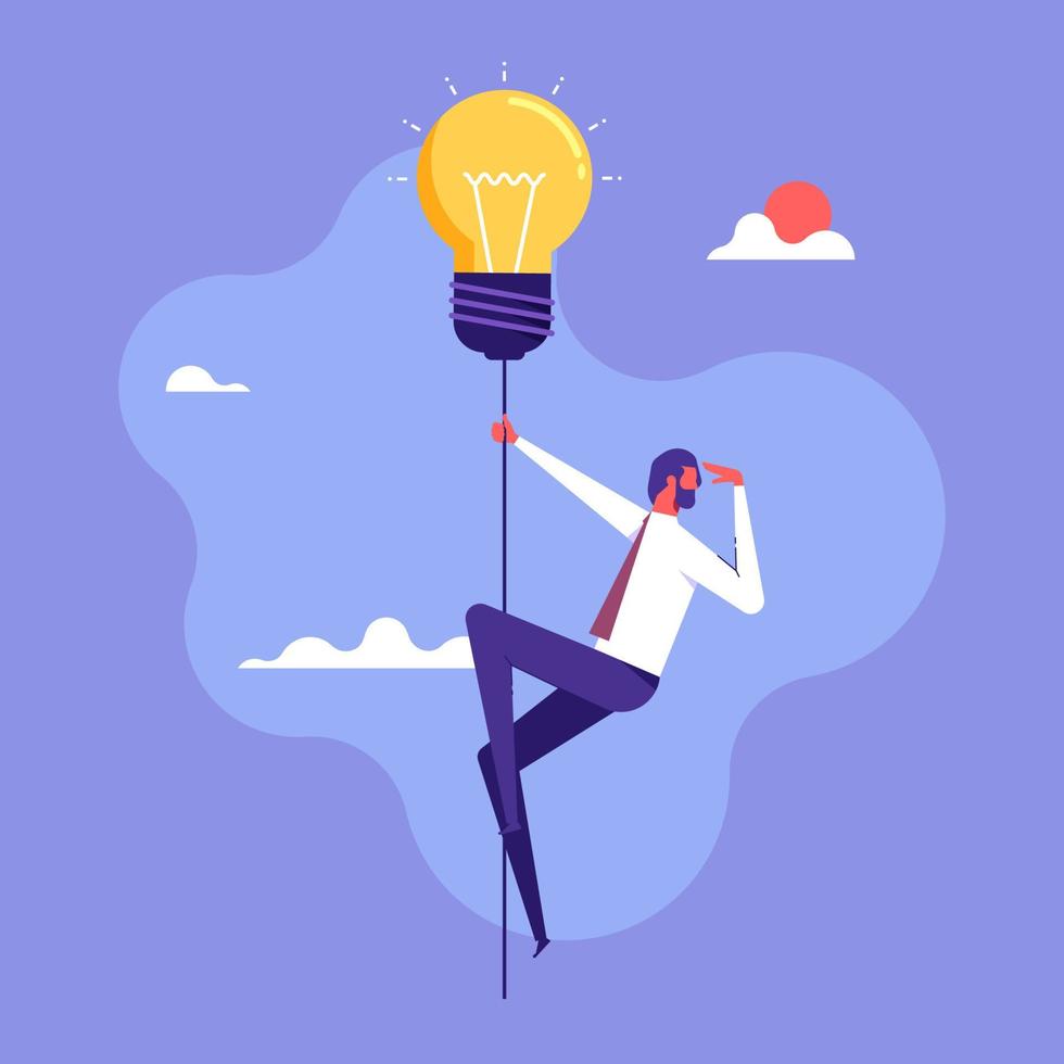 BusinessMan with flying light bulb searching for creative ideas, creative thinking concept, invention or innovation to drive business growth or work achievement vector