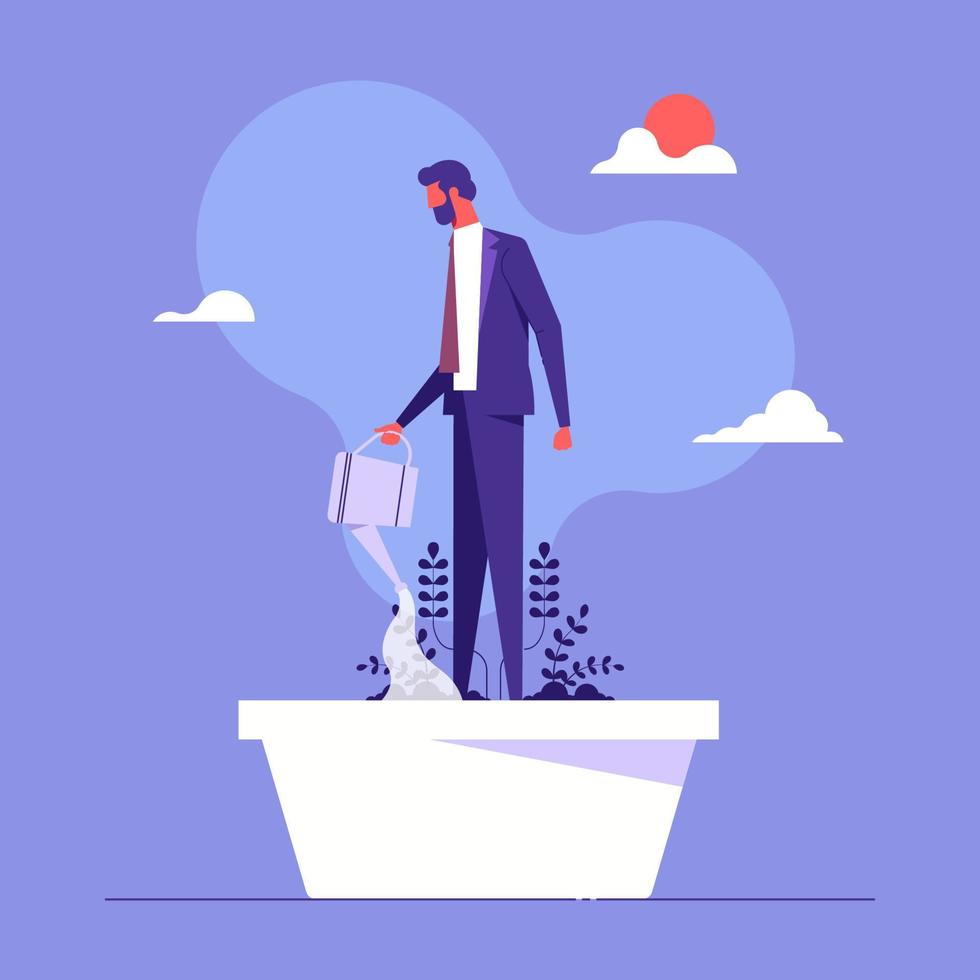 Man in flowerpot watering himself. Concept for self-improvement, personal development, professional growth, flat design vector illustration