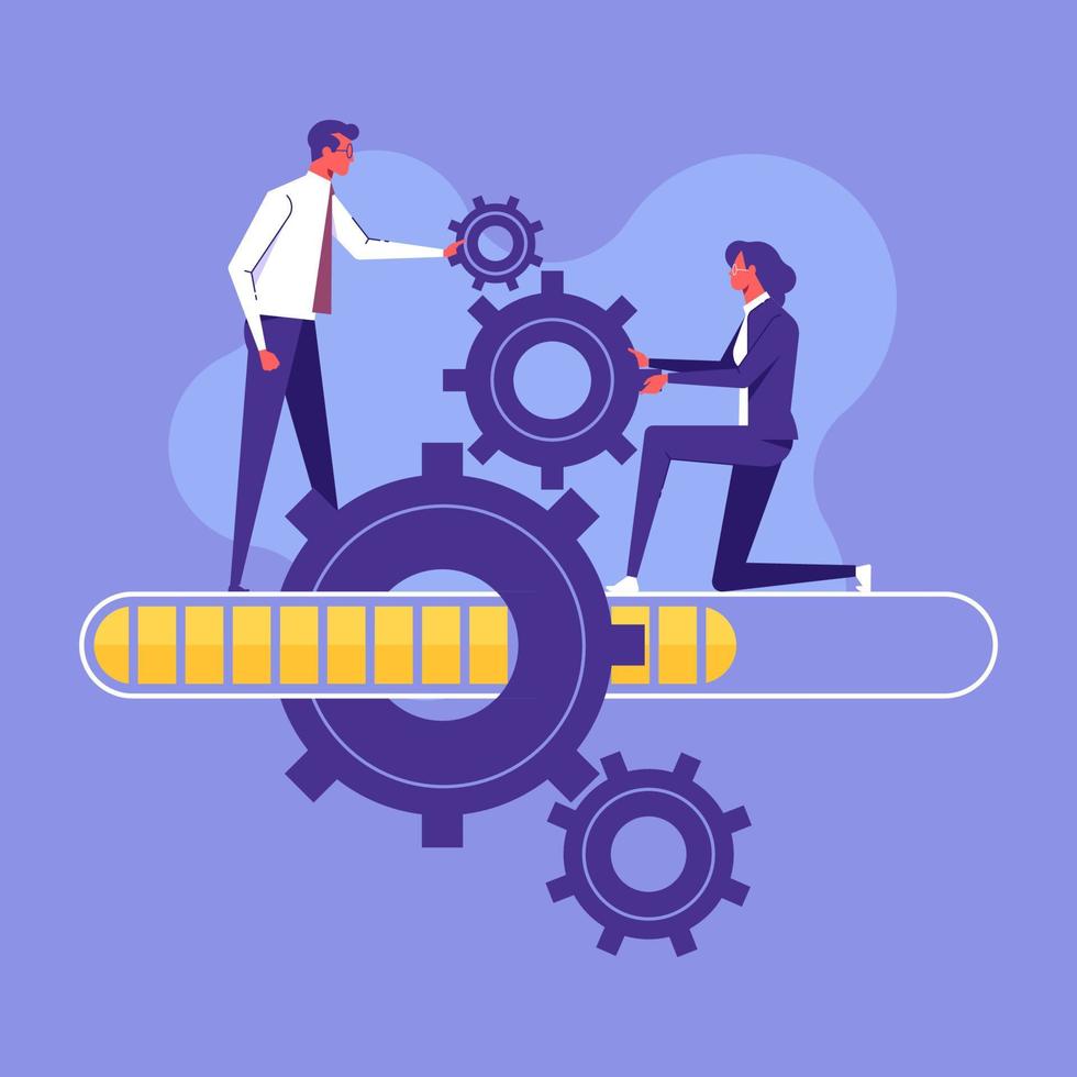 Work in progress - project management concept - team with gear box mechanism and loading indicator scale vector