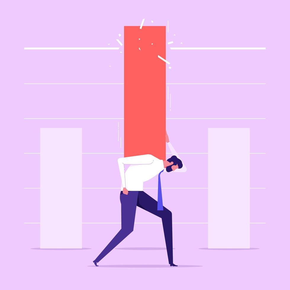 Man crushing ceiling by upward arrows. Concept of breaking limits, exceeding boundaries, overcoming obstacles, business progress and development. Flat vector illustration