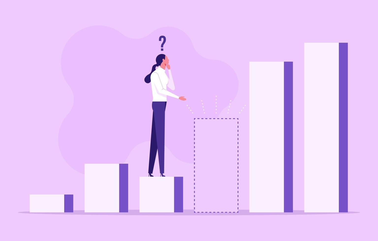 Businesswoman thinks over how to overcome obstacles on the way to business success. Hurdle on way concept. Overcome obstacles. Business competition. vector