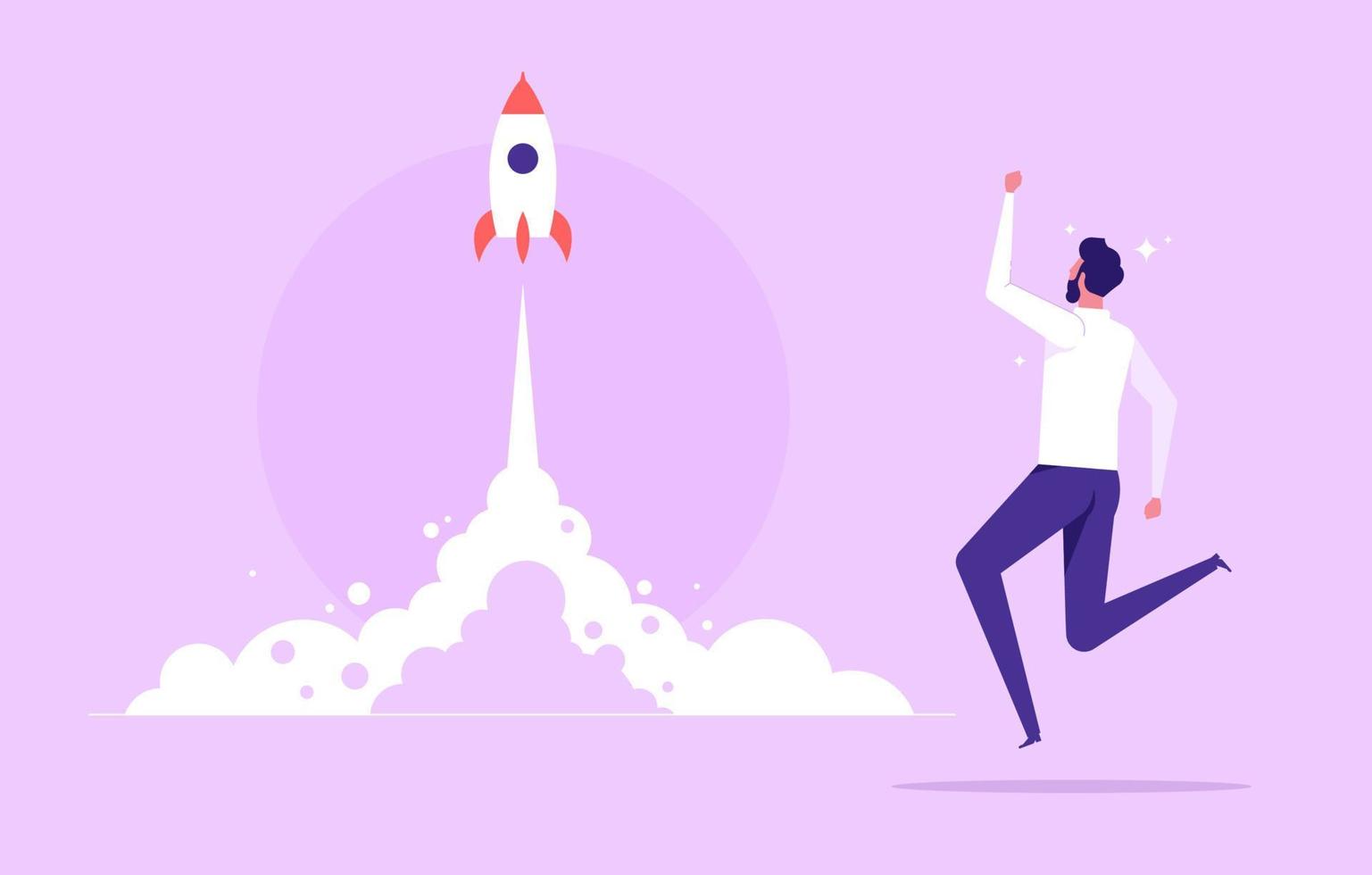 Businessman launches rocket into the sky. Business startup concept vector flat illustration. Employee oversees the takeoff of a spaceship. Business startup concept