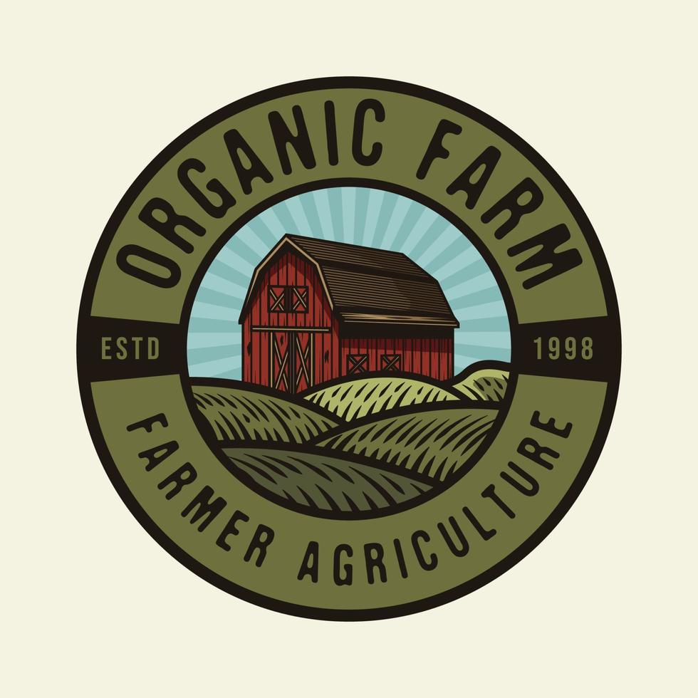 Farm house in agriculture field and green rolling hills badge design vector