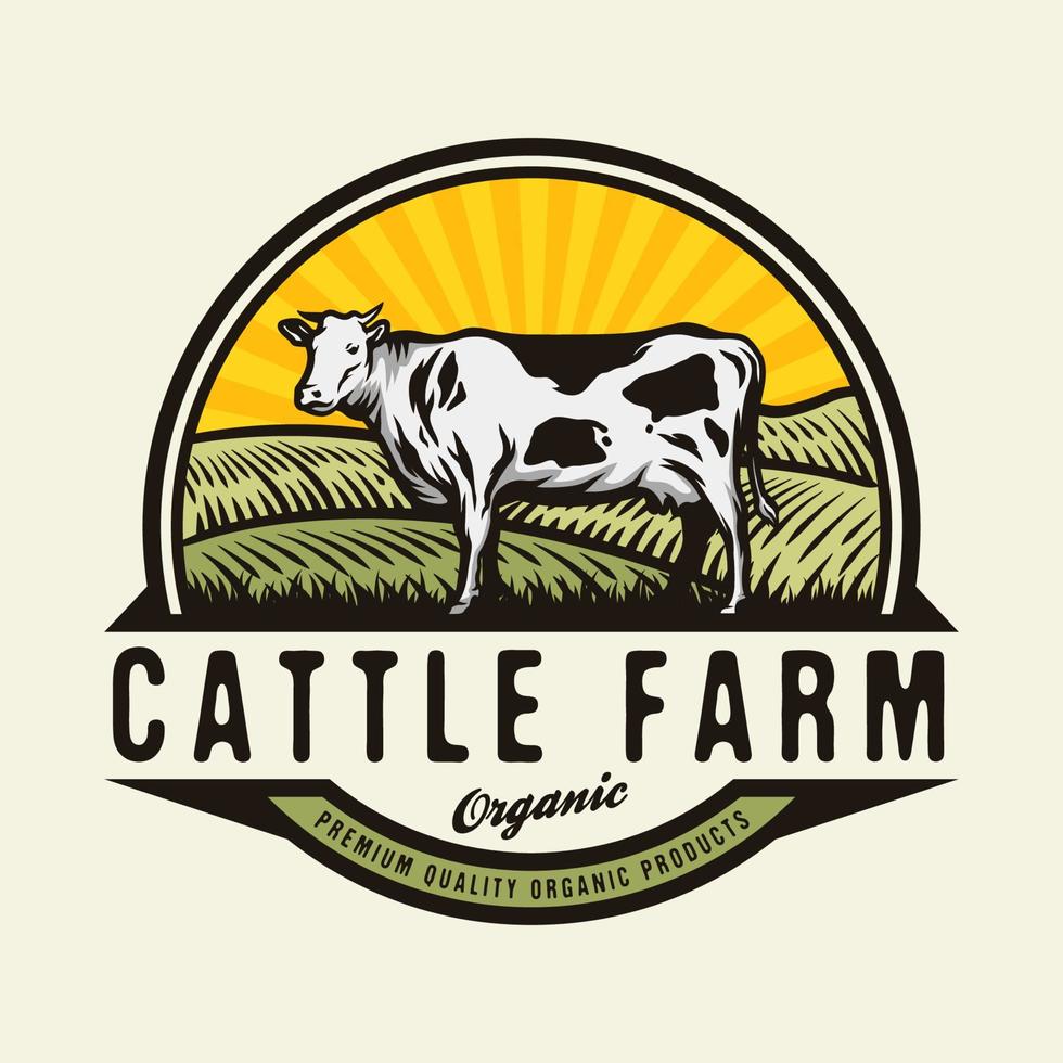 Cattle in green field livestock farming badge design vector