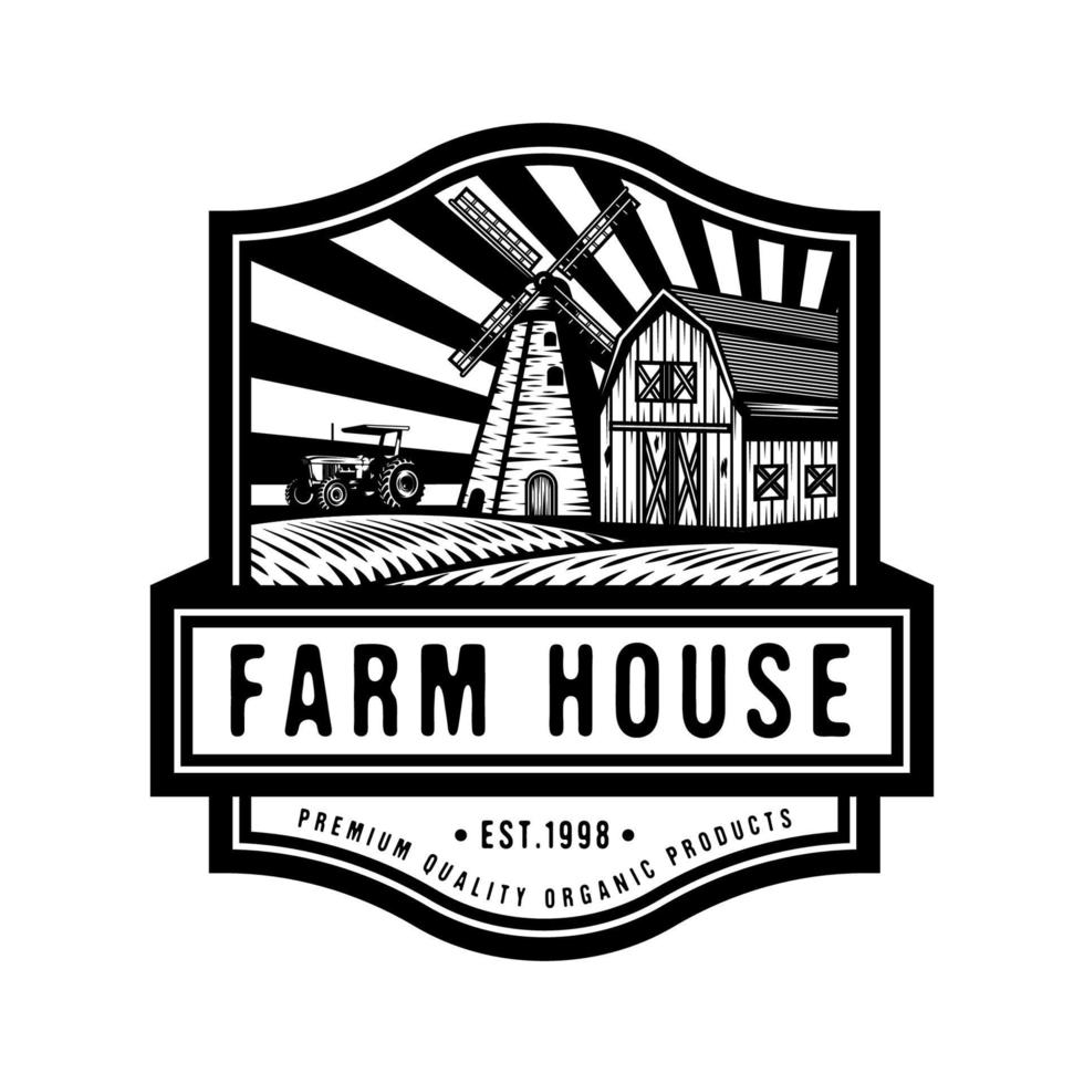 Farm house in green field with windmill and farming old tractor badge design vector