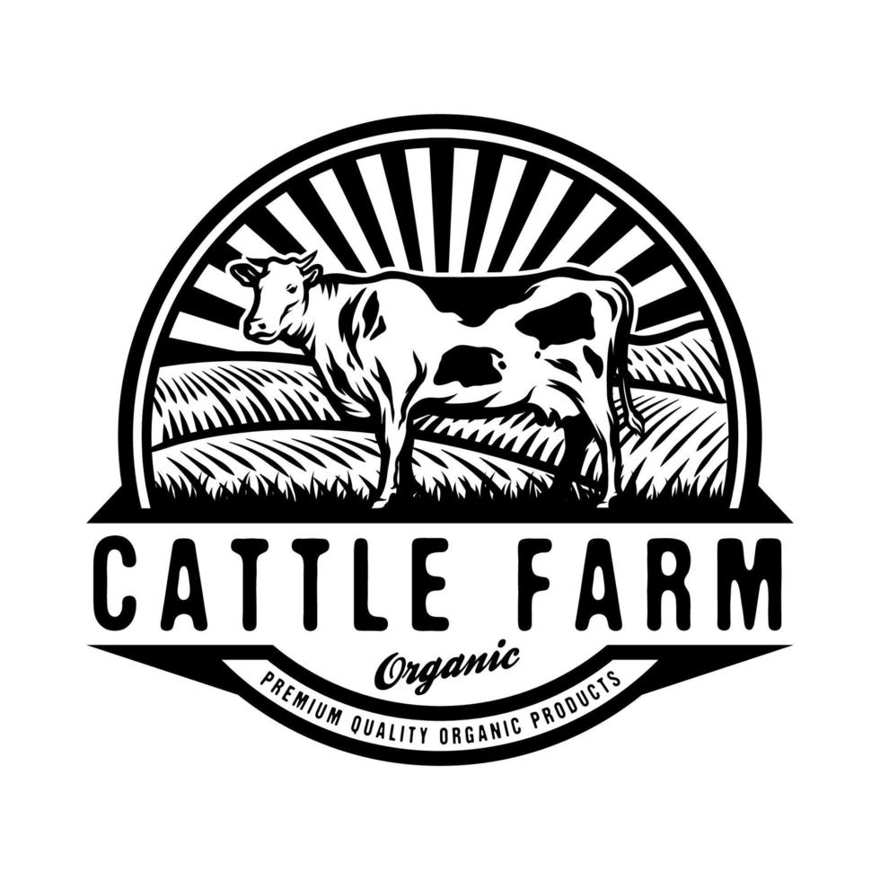 Cattle in green field livestock farming badge design vector