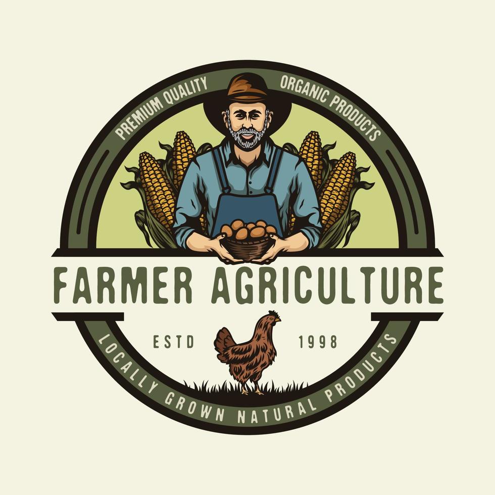 Vintage Old Farmer with organic egg basket in hands and corns badge design vector