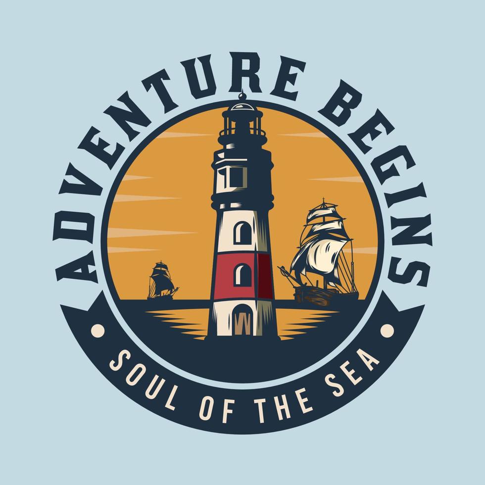 Lighthouse and old ship sea adventure retro badge design vector