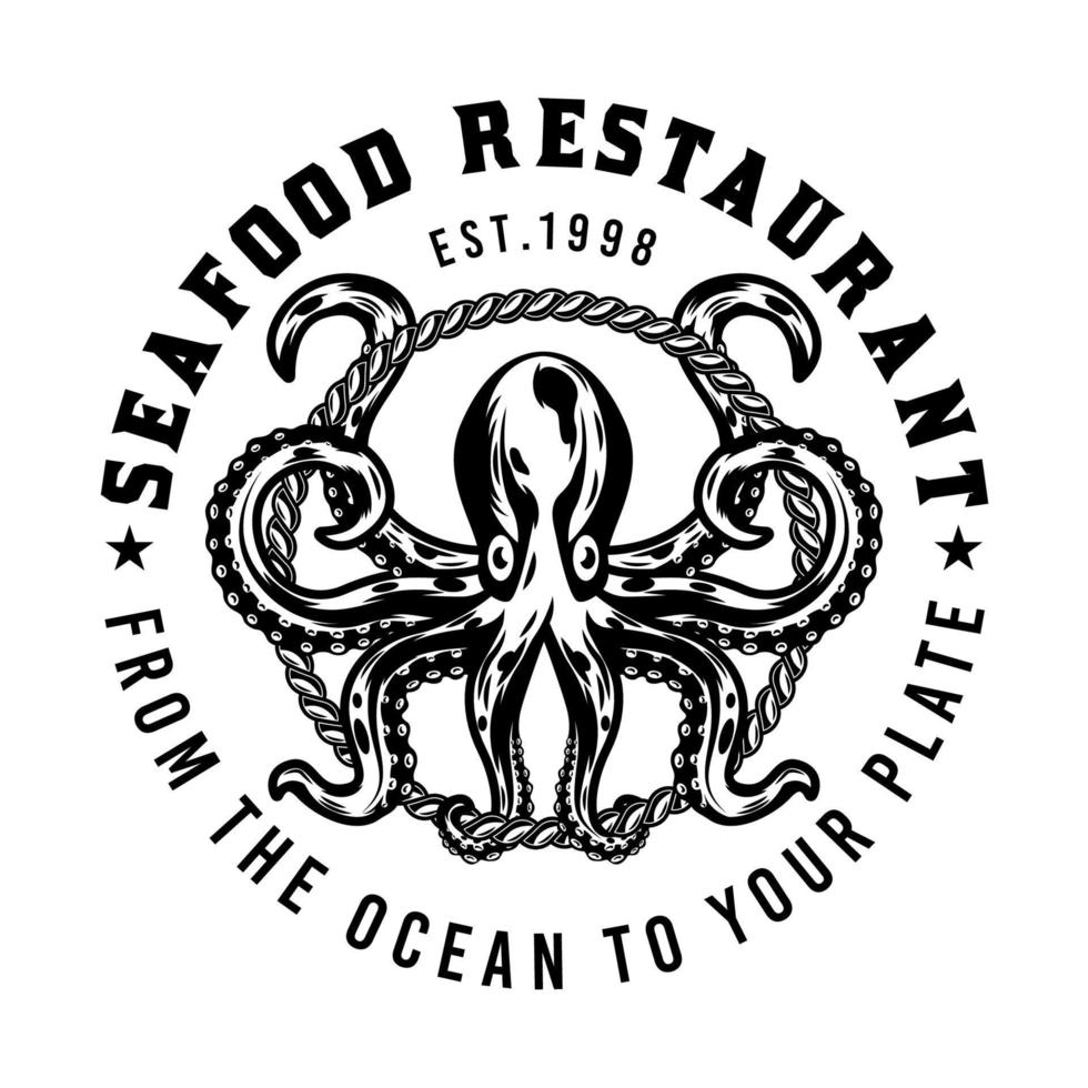 Octopus with rope seafood restaurant badge 8895836 Vector Art at Vecteezy
