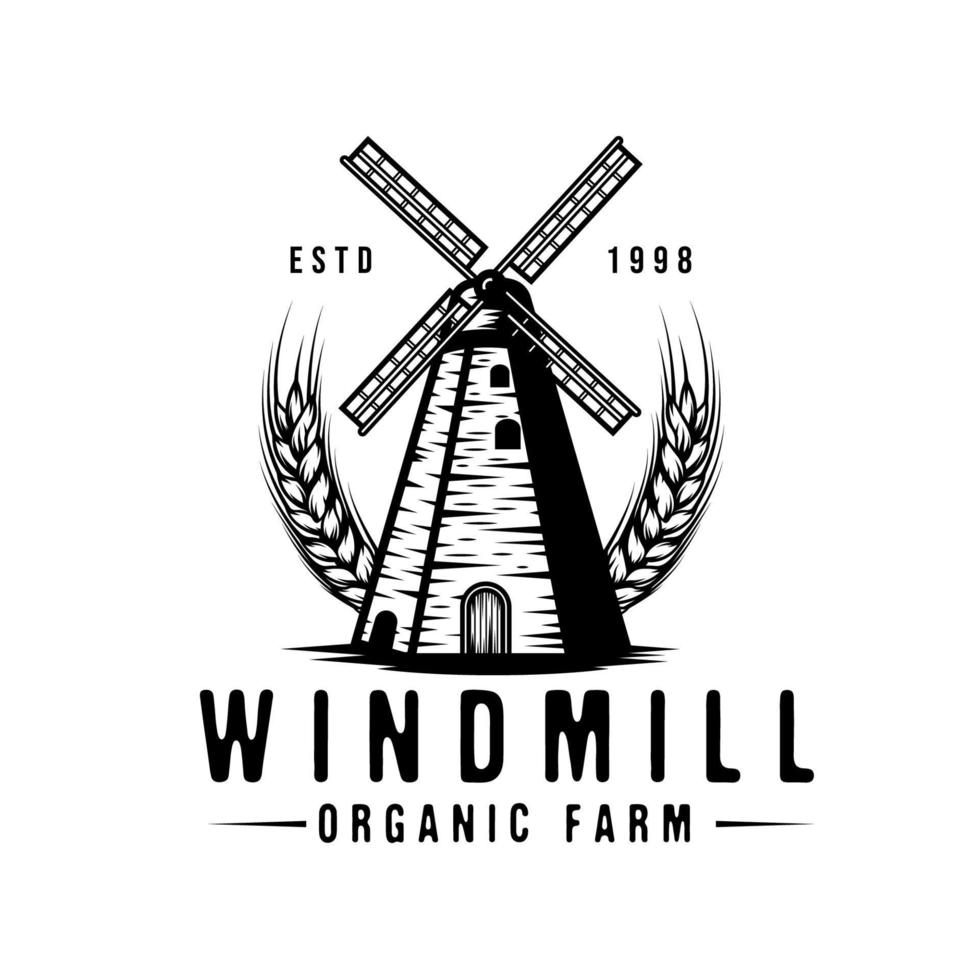 Vintage farmhouse wind mill with wheat wreaths emblem vector