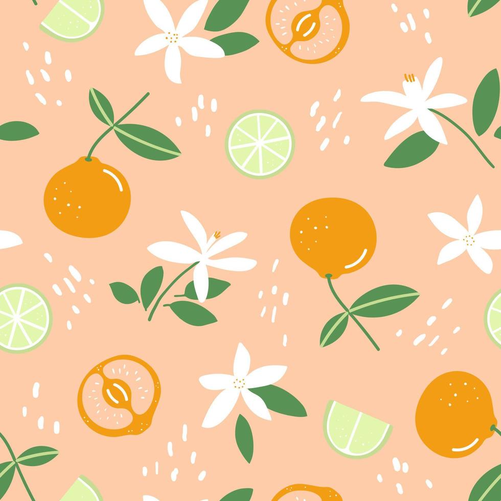 patrón sin costuras de cítricos. mandarina, rodajas de lima y flores sobre fondo naranja pastel. diseño para telas, textiles para el hogar, papel para envolver vector