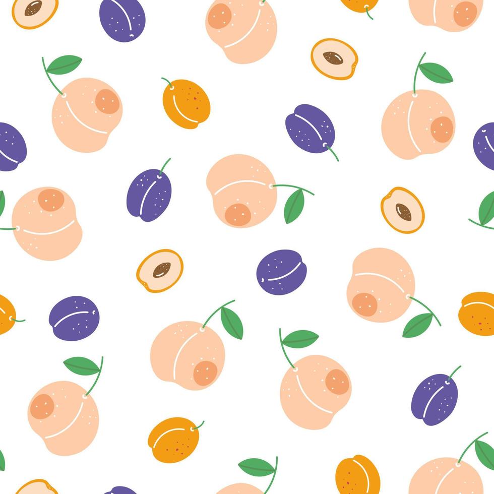 Peach, plum and apricot seamless pattern. Summer fruits on white background. Design for fabric, home textile, wrapping paper vector