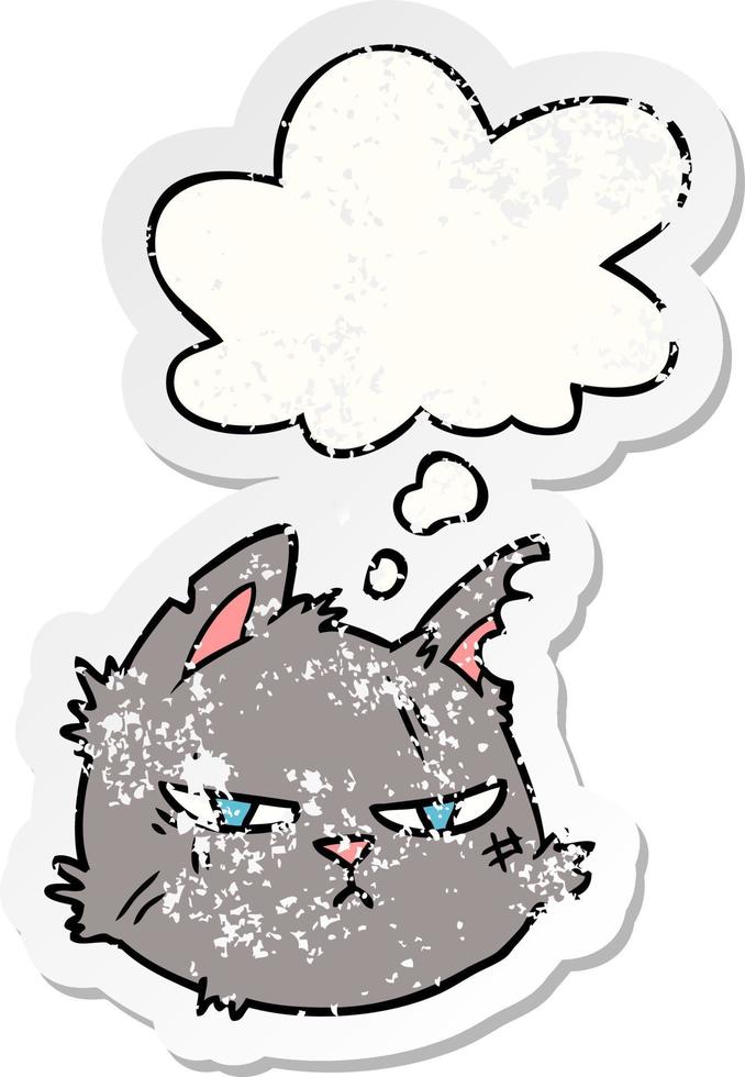 cartoon tough cat face and thought bubble as a distressed worn sticker vector
