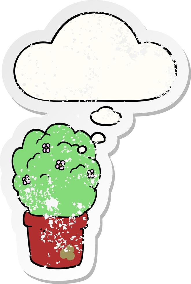 cartoon shrub and thought bubble as a distressed worn sticker vector