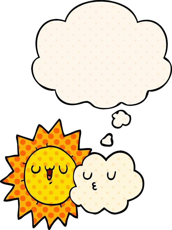 cartoon sun and cloud and thought bubble in comic book style vector