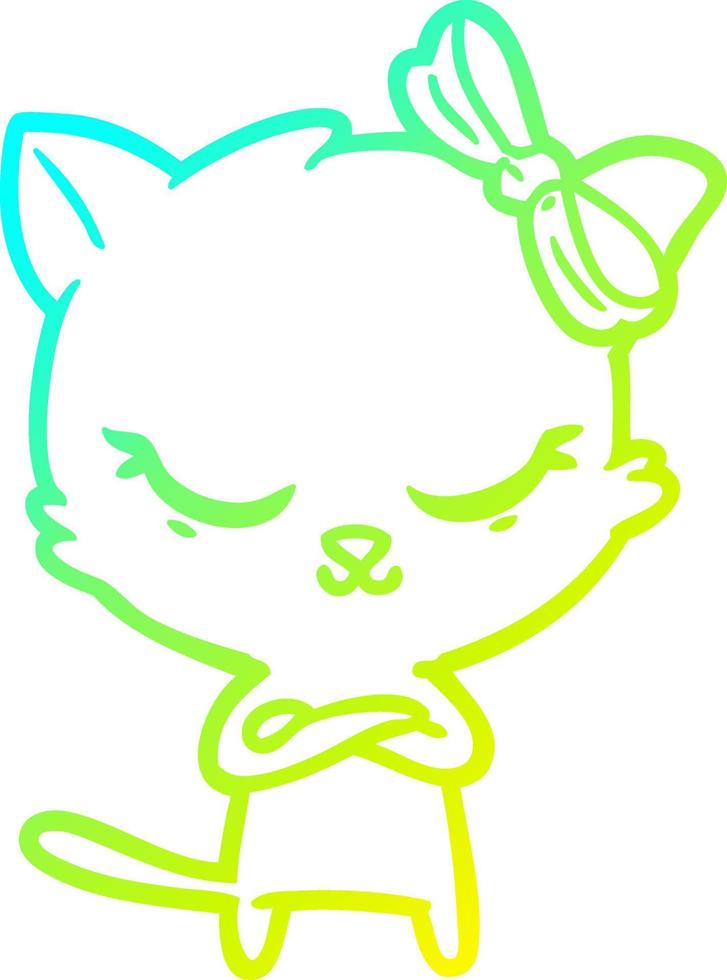 cold gradient line drawing cute cartoon cat with bow vector