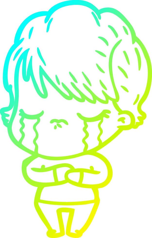 cold gradient line drawing cartoon woman crying vector