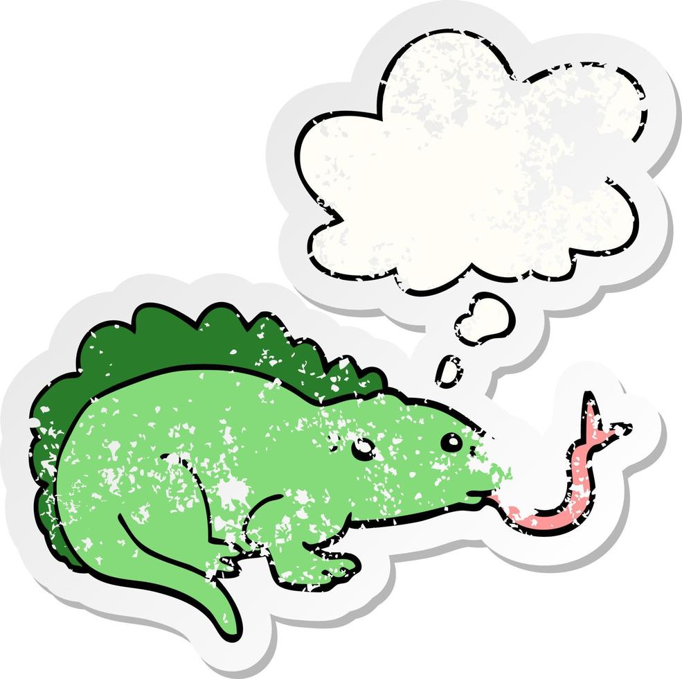 cartoon lizard and thought bubble as a distressed worn sticker vector