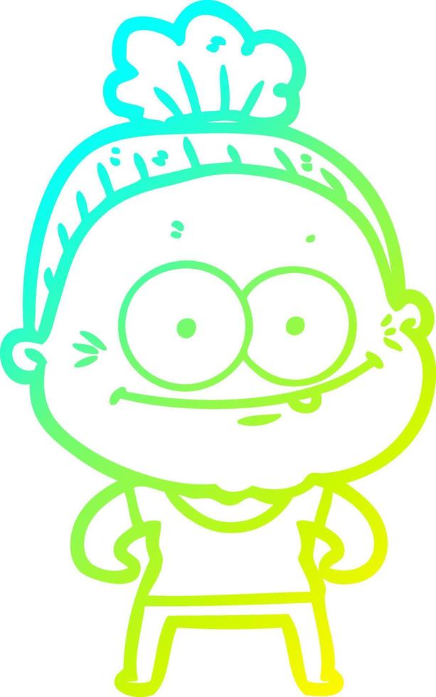 cold gradient line drawing cartoon happy old woman vector