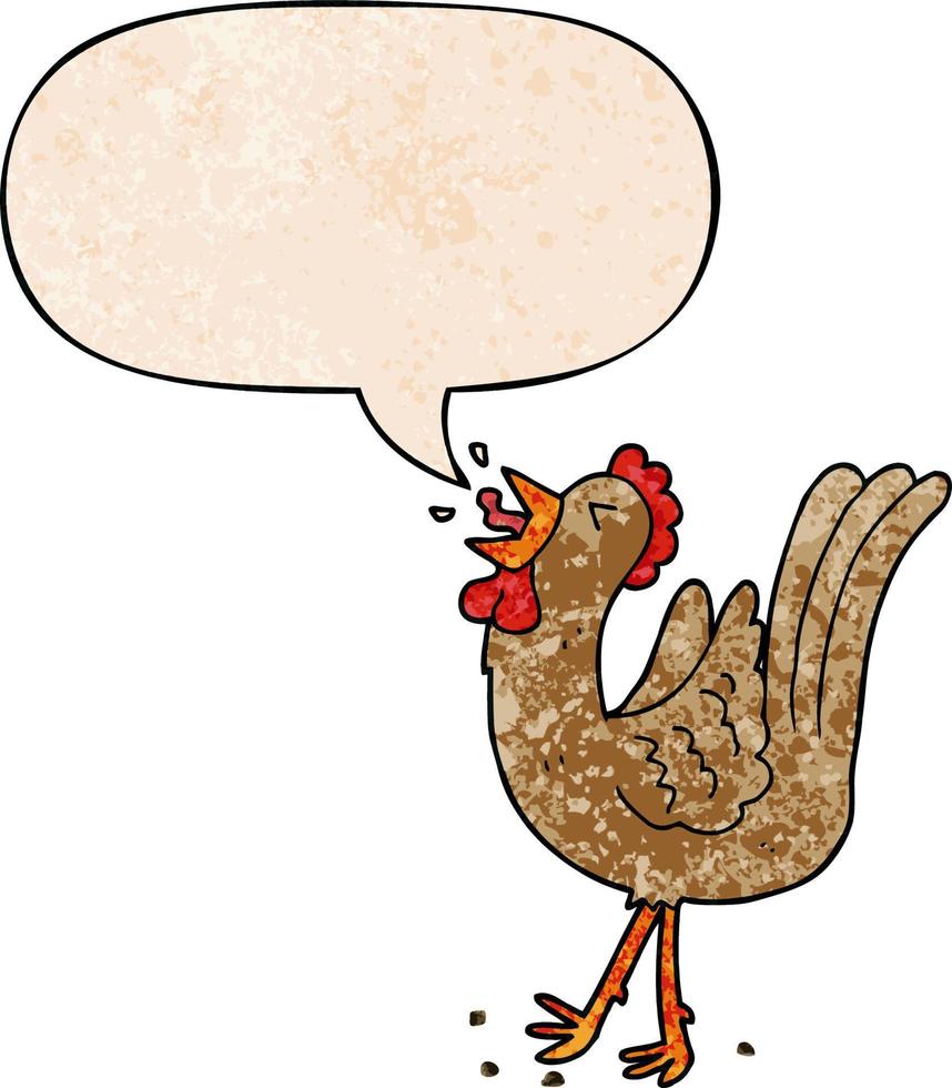 cartoon crowing cockerel and speech bubble in retro texture style vector