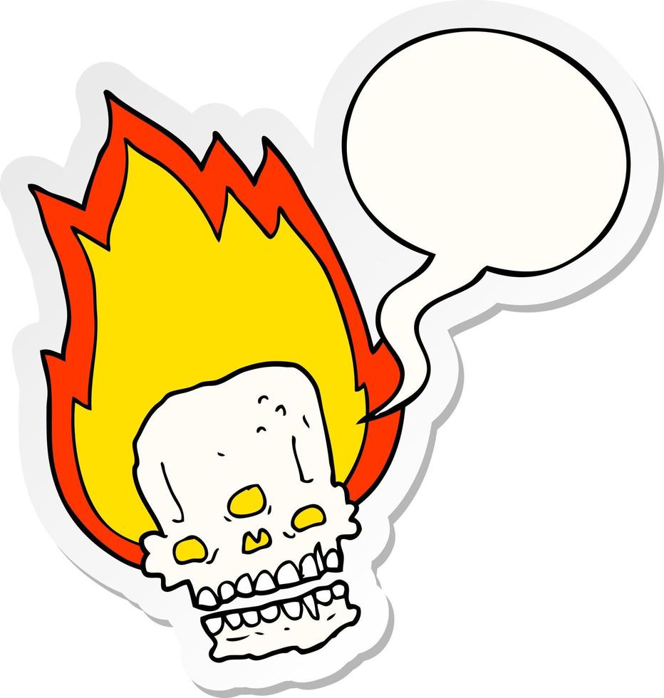 spooky cartoon flaming skull and speech bubble sticker vector
