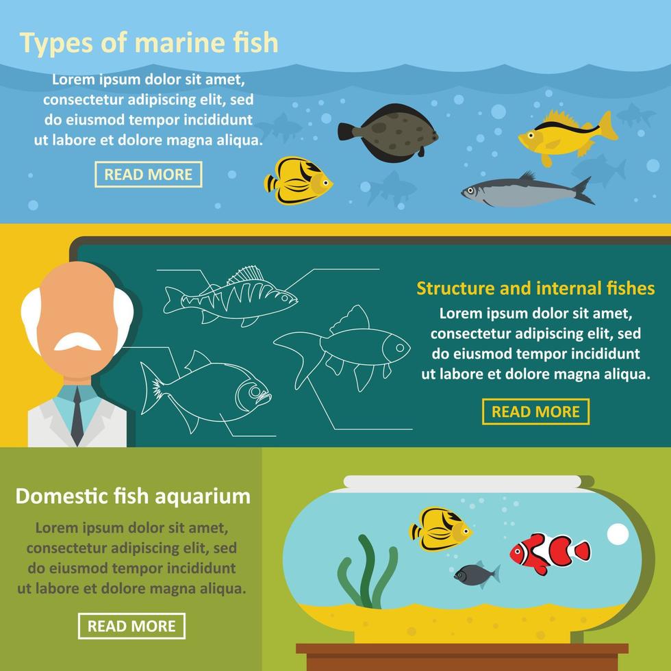 Fish aquarium banner horizontal set, flat style vector