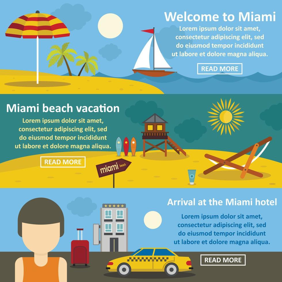 Miami landscape banner horizontal set, flat style vector
