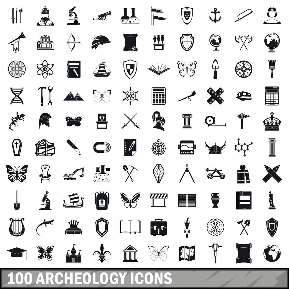 100 archeology icons set, simple style vector