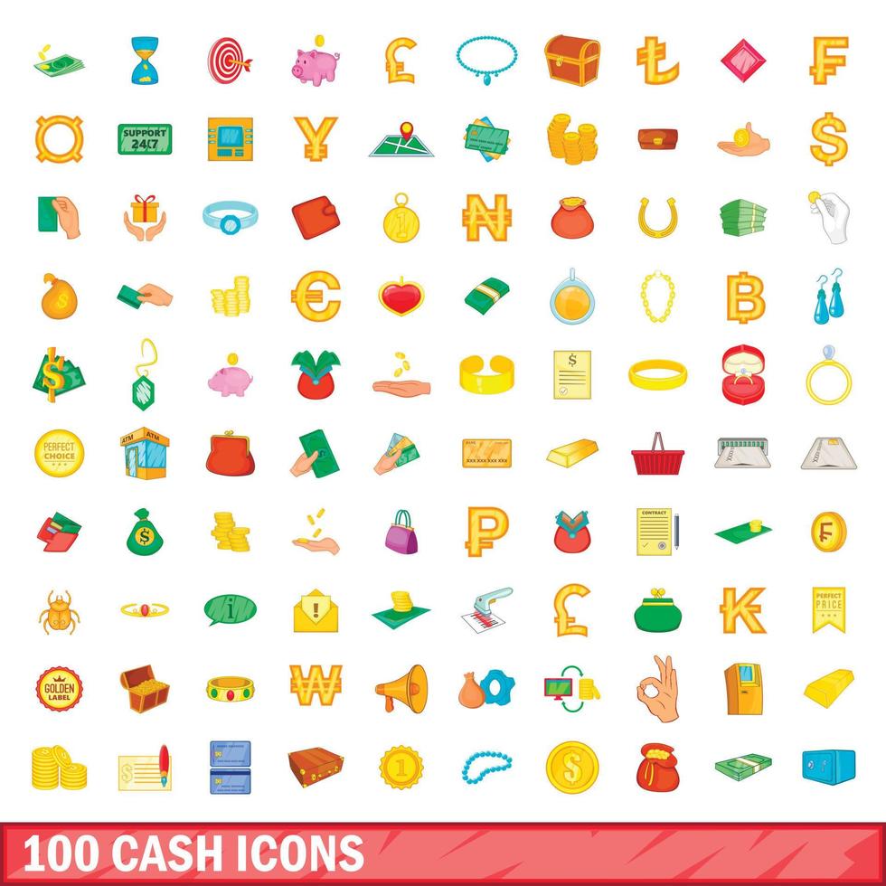 100 iconos en efectivo, estilo de dibujos animados vector